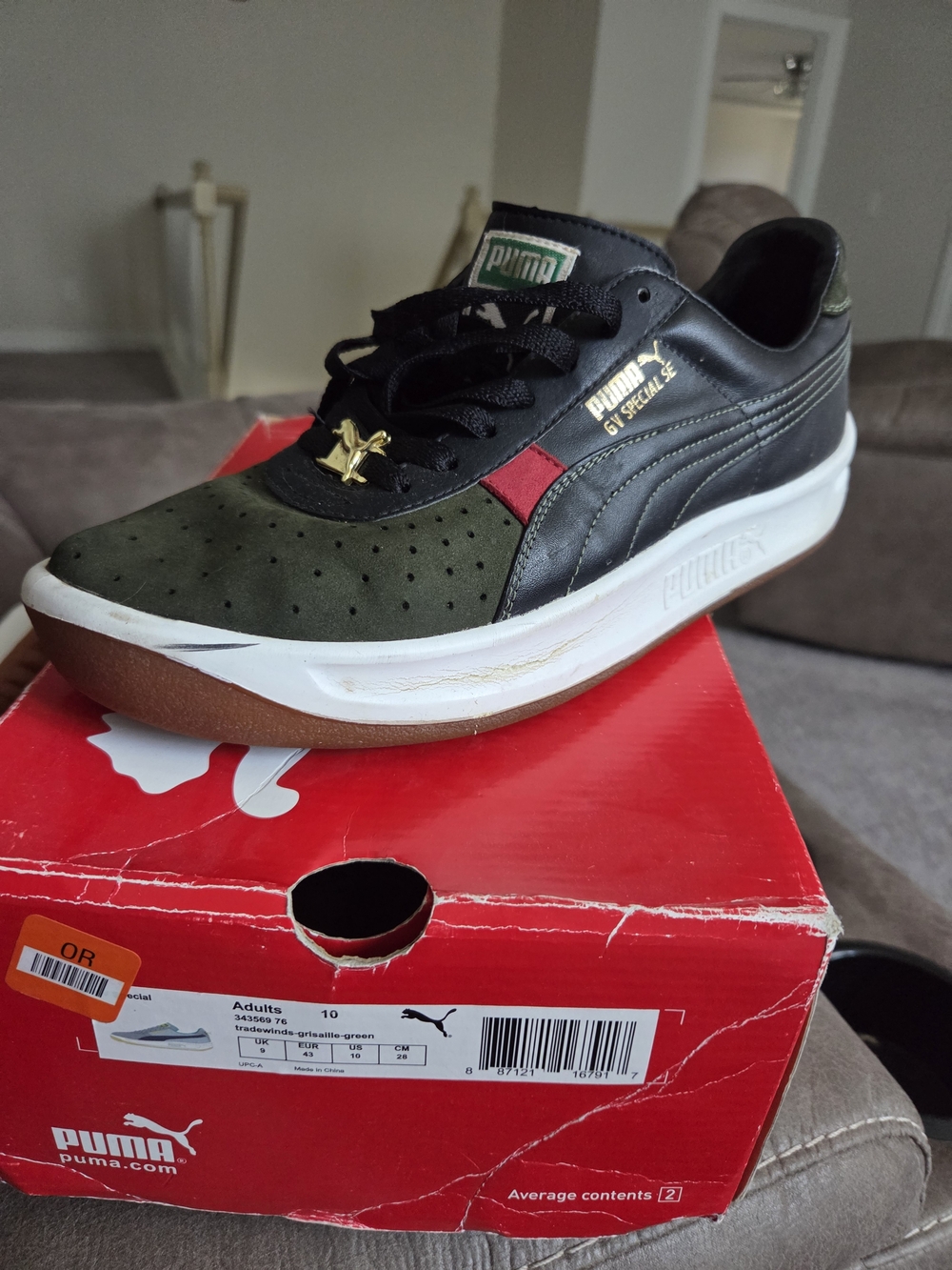 Puma Olive Green and Black Suede Sneakers with Red Accent